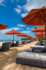 Image showing Beach umbrellas on a beautiful beach in Bali