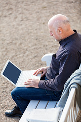 Image showing Man sitting on a bench using a laptop