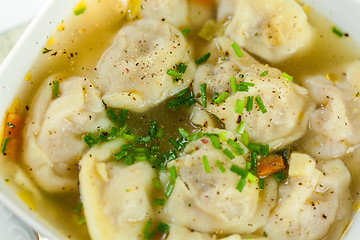 Image showing Dish of savory pork tortellini in broth pelmeni russian