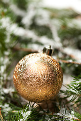 Image showing Gold Christmas ornament on leaves