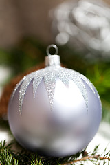 Image showing Silver Christmas ornaments in leaves