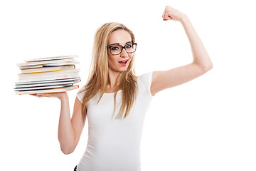 Image showing Female model carrying books doing thumbs up sign