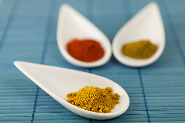 Image showing Dried ground spices in ceramic spoons