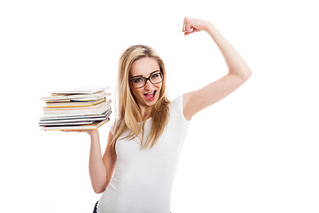 Image showing Female model carrying books doing thumbs up sign