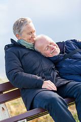 Image showing happy senior couple relaxing together in the sunshine