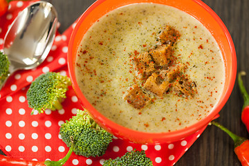 Image showing Bowl of chili pepper and broccoli soup