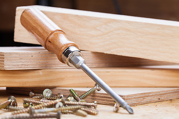 Image showing Phillips head screwdriver and wood screws