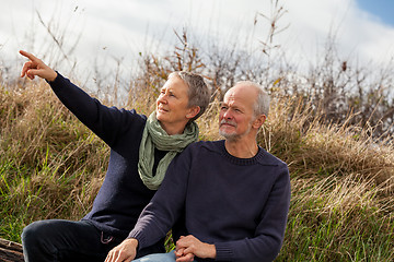 Image showing happy senior couple relaxing together in the sunshine