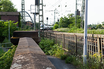 Image showing Empty railroad tracks on scale bridge