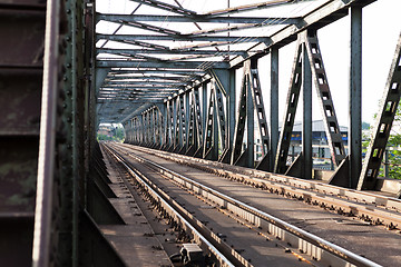 Image showing Empty railroad tracks on scale bridge