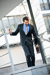 Image showing Smiling businessman walking down stairs