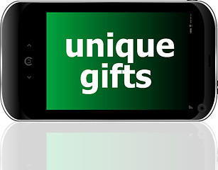 Image showing digital smartphone with unique gifts words, holiday concept