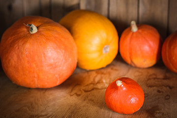 Image showing Pumpkins On Grunge Wooden Backdrop Background