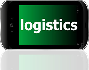 Image showing smartphone with word logistics on display, business concept
