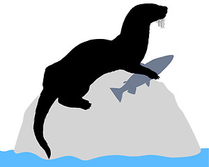 Image showing Otter on rock with fish