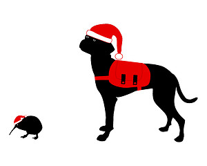 Image showing Dog and kiwi in christmas clothes