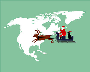 Image showing Santa Claus and dog riding on their reindeer sleigh high above northamerica