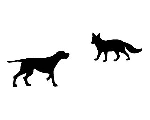 Image showing Two animals, setter and fox meet face to face