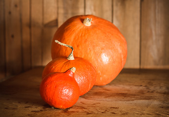 Image showing Pumpkins On Grunge Wooden Backdrop Background