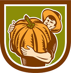 Image showing Organic Farmer Holding Pumpkin Shield Retro