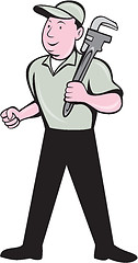 Image showing Plumber Holding Monkey Wrench Front View Cartoon