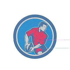 Image showing Metallic Rugby Player Passing Ball Circle Retro