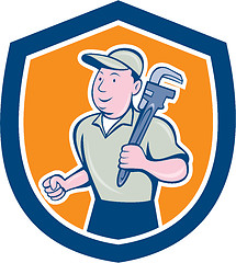 Image showing Plumber Holding Monkey Wrench Shield Cartoon