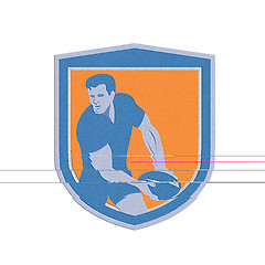 Image showing Metallic Rugby Player Passing Ball Shield Retro