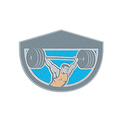 Image showing Metallic Weightlifter Lifting Barbell Shield Retro