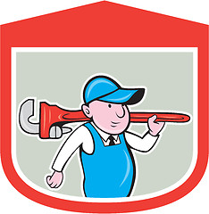 Image showing Plumber Holding Big Monkey Wrench Shield Cartoon