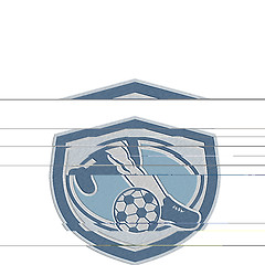 Image showing Metallic Leg Foot Kicking Soccer Ball Shield Retro