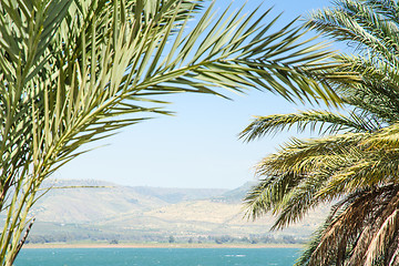 Image showing Kinneret lake or Galilee sea and Golan Heights