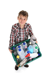 Image showing Boy holding recycling container