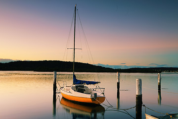 Image showing Little Sailing Boat at Woy Woy at sunrise