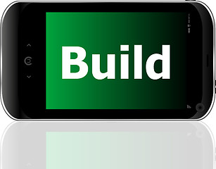 Image showing smartphone with text build on display. Mobile smart phone on White background