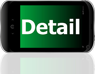 Image showing Marketing concept: smartphone with text detail on display. Mobile smart phone on White background