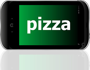 Image showing pizza word on smart mobile phone, food concept