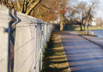 Image showing iron rods fence along paved path 