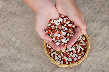 Image showing palmful of color eco beans over basket on linen  