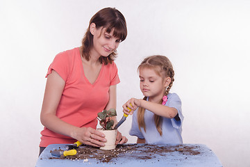 Image showing Mom and daughter in land sprinkled with potted flower pot