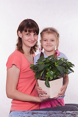 Image showing Mom and daughter with a potted flower in hands