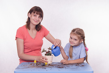 Image showing Mom and daughter watering potted flower room