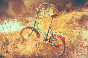 Image showing Little green bicycle standing on yellow autumn meadow