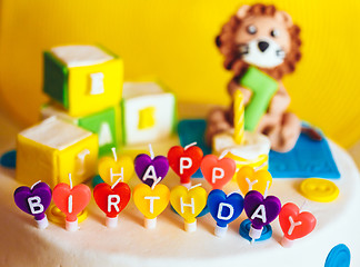 Image showing Happy birthday written in candles on colorful background