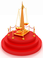 Image showing Gold scales of justice on 3d carpeting podium with gold handrail