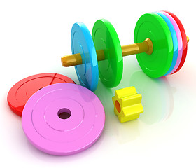 Image showing Colorful dumbbells are assembly and disassembly on a white backg