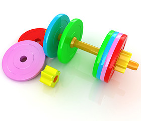 Image showing Colorful dumbbells are assembly and disassembly on a white backg