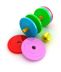 Image showing Colorful dumbbells are assembly and disassembly on a white backg