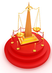 Image showing Gold scales of justice on 3d carpeting podium with gold handrail