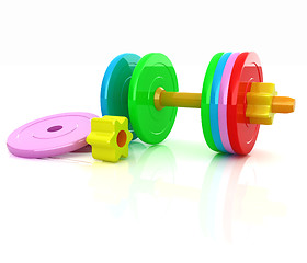 Image showing Colorful dumbbells are assembly and disassembly on a white backg